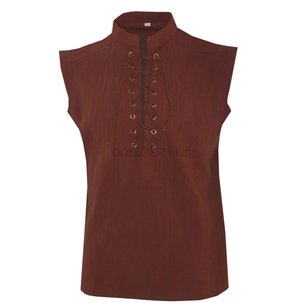Men's Casual Shirt Black Green Steampunk Gothic Tank Tops Medieval Shirt Lace-Up Sleeveless Renaissance Pirate Shirts for Men