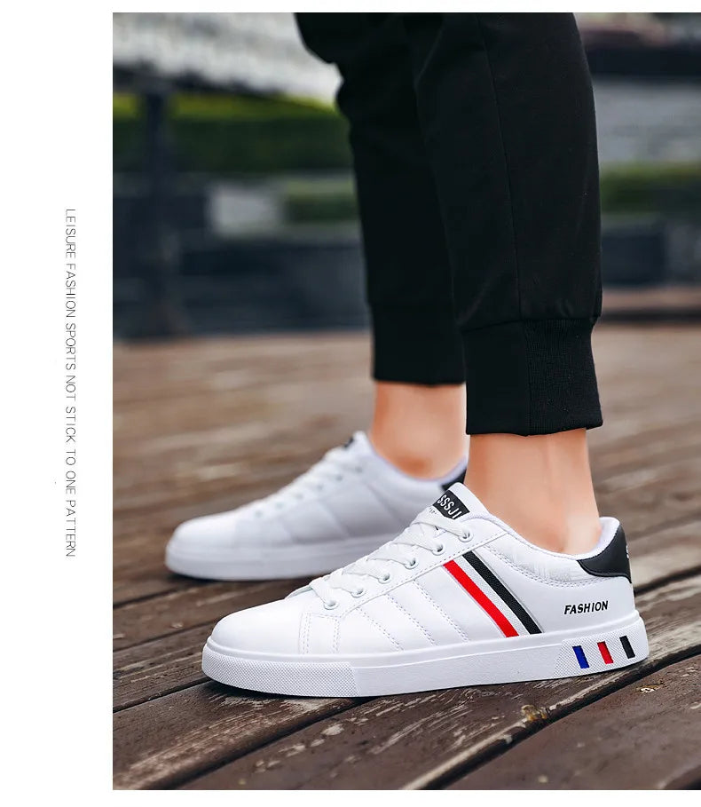 Men's Casual Sports Shoes for Men Lightweight PU Leather Sneakers  Breathable Mens Flat WhiteTennis Shoes