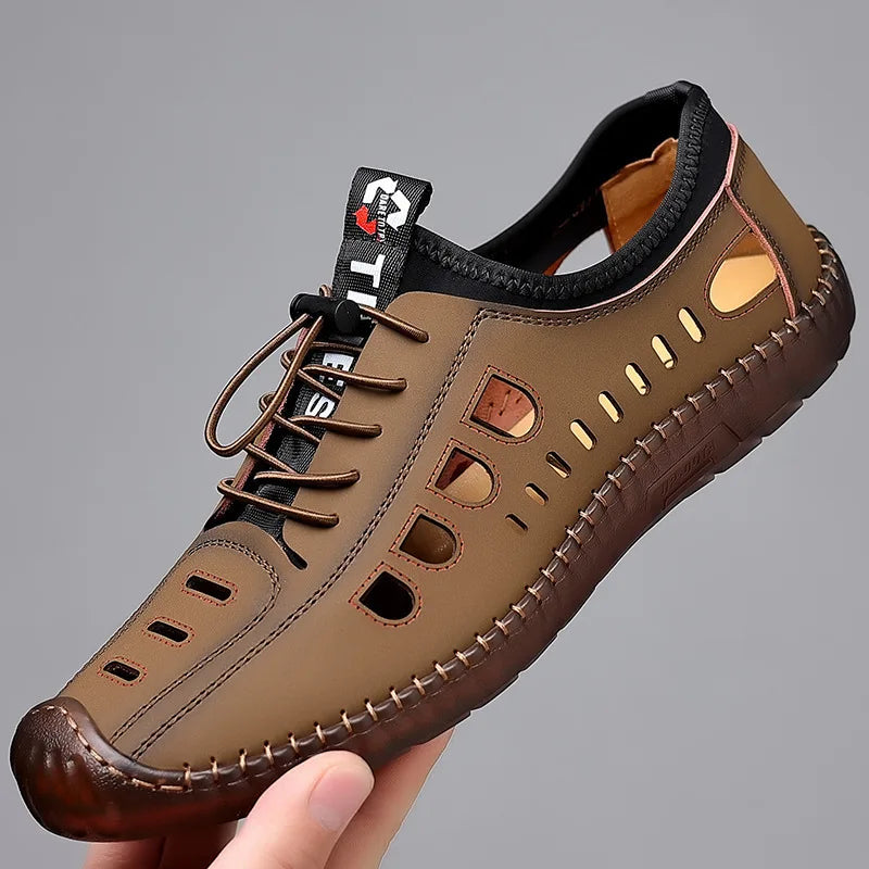 Summer Men's Leather Sandals Tendon Sole Slip on Flat Casual Sandals Outdoor Beach Sandal Shoes for Men Sandalias De Hombre 2025