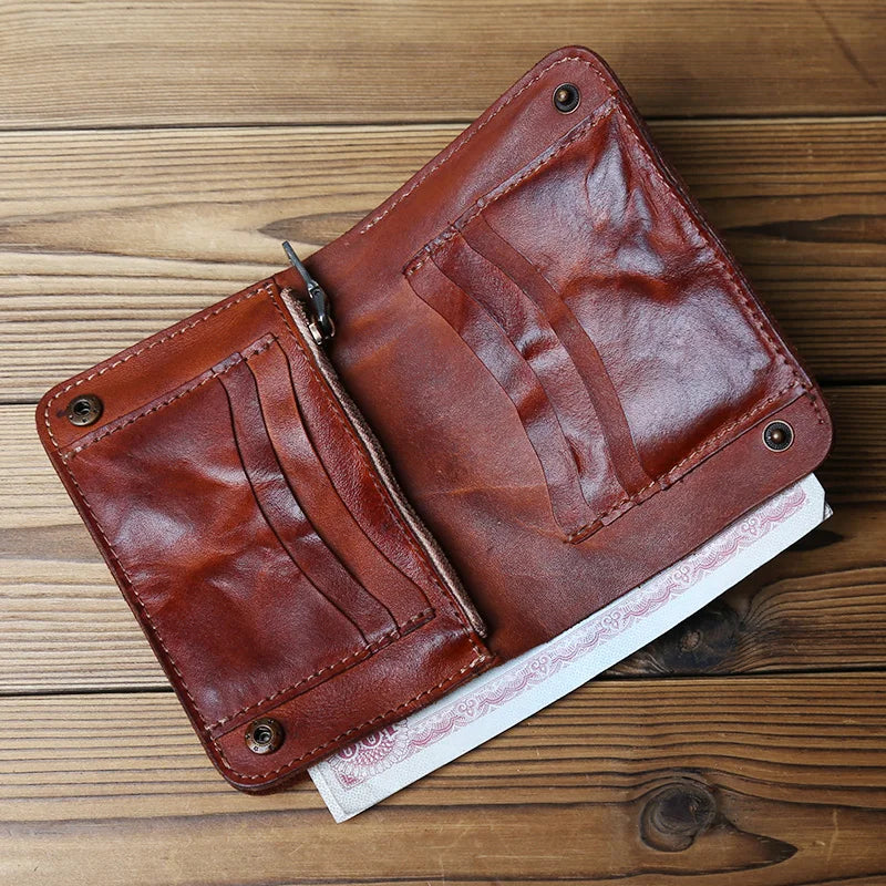 Retro Handmade Leather Wallet for Ladies Top Layer Cowhide Men's Short Wallet Wiping Color Buckle Bag Vertical Credit Card Bag