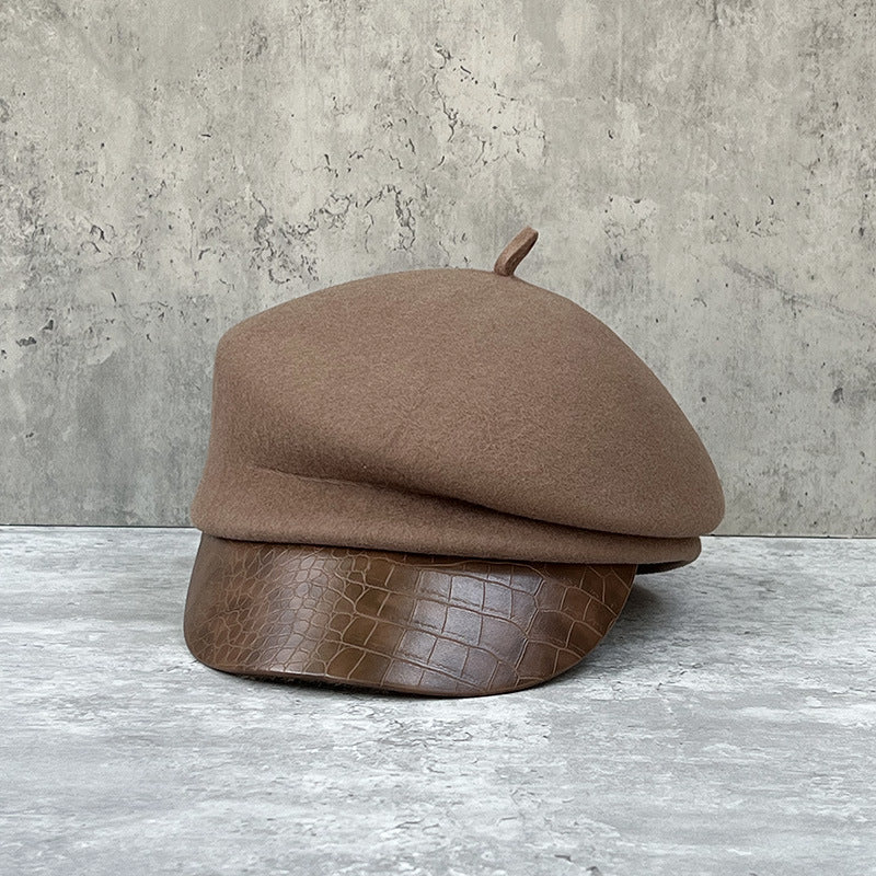 Fashion leather brim wool beret women's autumn/winter Korean style newsboy hat British knight hat duck cap Japanese system