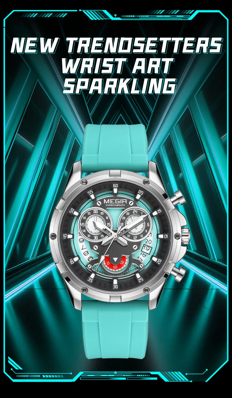 MEGIR New Sport Watches for Men Fashion Chronograph Quartz Wristwatch with Silicone Strap Luminous Hands Calendar Waterproof