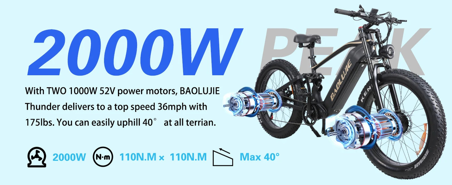 BAOLUJIE 1200W/5000W Ebike Mountain Ebike Fat Tire 48V/52V Battery Electric Bicycle Max 38MPH Electric Bike for Adults Off-road