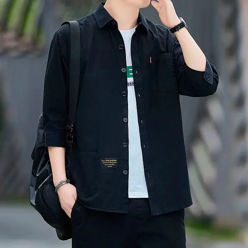 Men shirts Summer Men's clothing Short-Sleeved shirts & blouses Daily Solid Color Stand-Up Collar Casual Beach Style Male Shirt