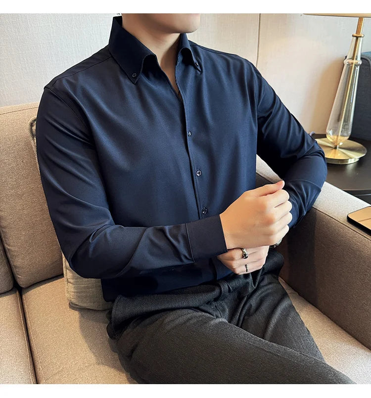 Men Dress Shirt 2025 Autumn British Style Solid Casual Slim Fit Formal Camisas V-neck Long Sleeves Shirt Streetwear Men Clothing