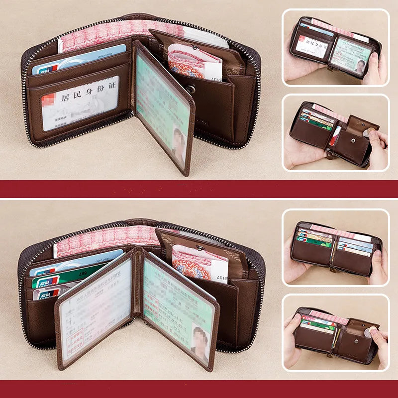 Fashion Genuine Leather Wallet For Men Zipper Complete Closure Wallet Driving License Credit Card Holder Coin Bag Men's Wallet