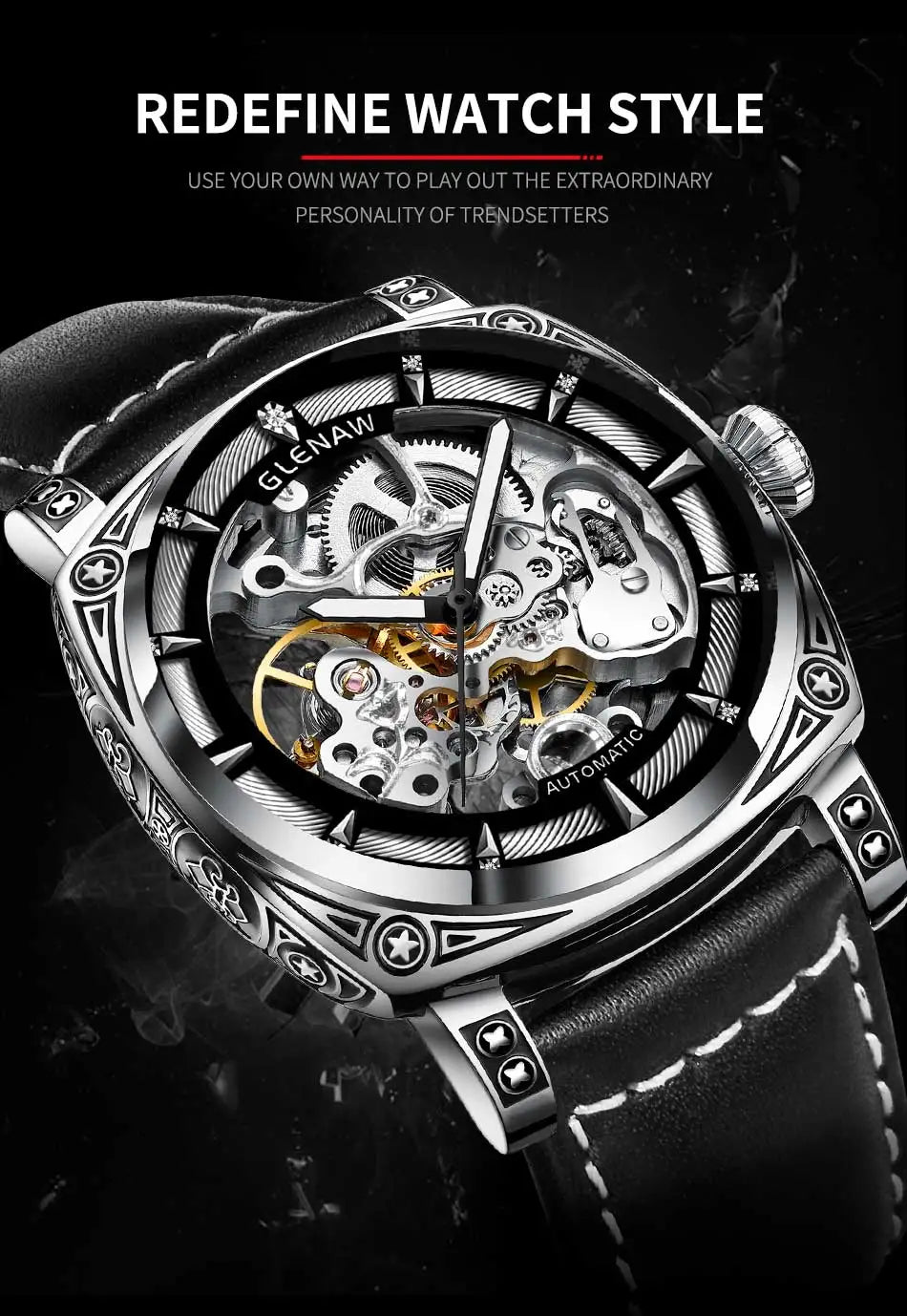 Relogios Masculino Glenaw Mens Watches Top Brand Luxury Personal Carving Watch Men's Stainless Steel Waterproof Watch Montre Hom
