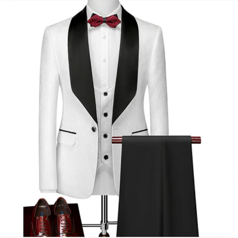 Hot Selling Men Suits Pattern and Black Groom Tuxedos Shawl Satin Lapel Groomsmen Wedding Best Man ( Jacket+Pants+Vest+Tie) C691