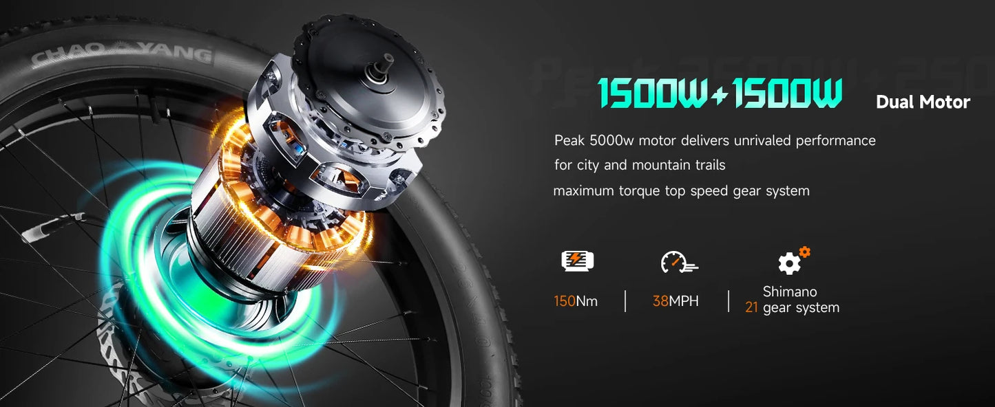 BAOLUJIE Peak 5000W Electric Bikes for Adults，Electric Dirt E Bike，26 Inch Fat Tire Dual Motor Ebike Mountain Electric Bicycle
