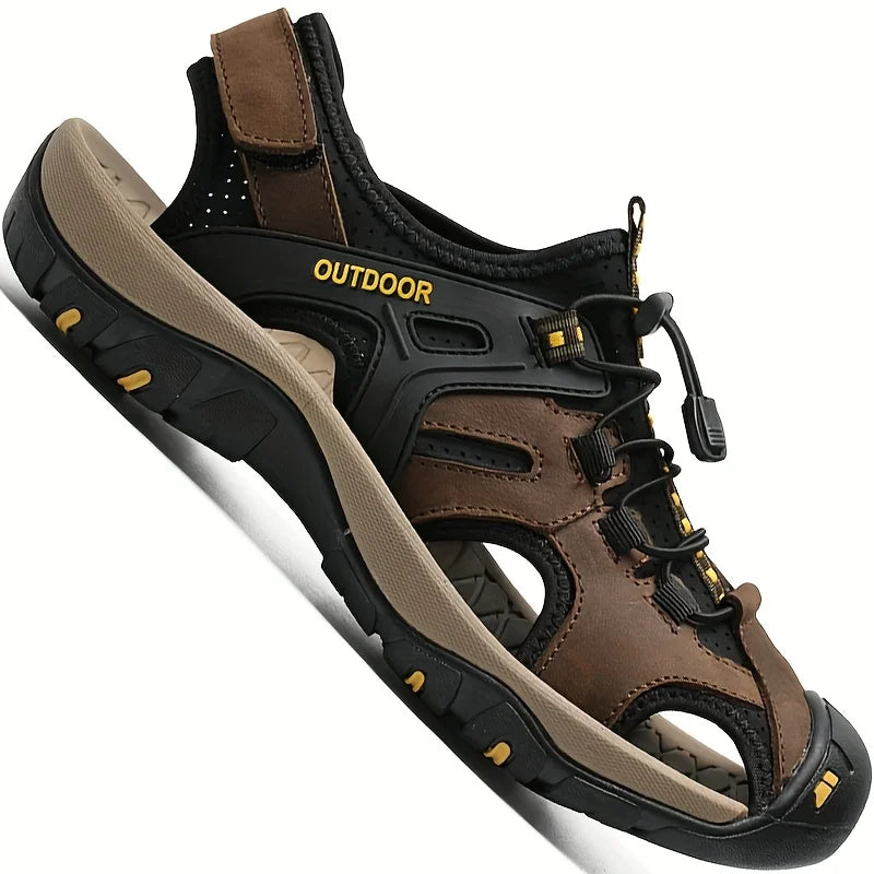 Men's High-quality Leather Sandals - Closed Fisherman Style, Summer Slippers and Hiking Shoes, with Elastic Straps