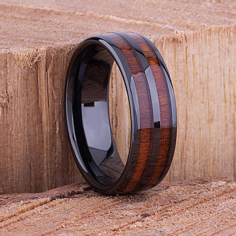 Fashion Deer Family Black Hunting Stainless Steel Rings for Men Women KOA Wood Inlay Beveled Polished Edge Wedding Bands Jewelry