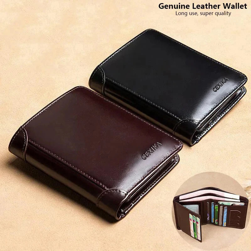 Genuine Leather Wallet for Men with RFID Trifold Business Short Small Cowskin Purse with ID Window and Credit Card Holder