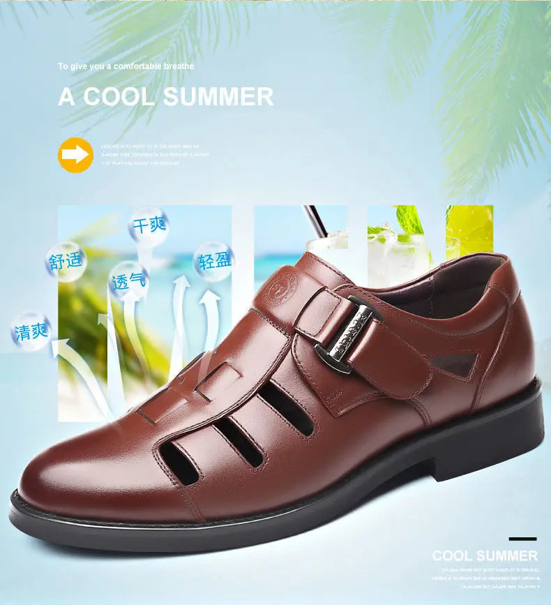Men's Summer New Style Business Casual Genuine Leather Sandals With Hollow Outsole Anti-Slip Middle-Aged Father Leather Shoes