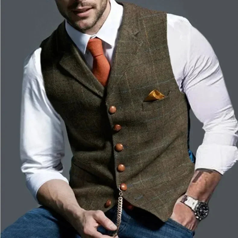Men's Casual Classic Suit Vest Retro Herringbone Lapel Cotton Blended Tweed Slim Business Commuter Suit Lined Vest S-3XL