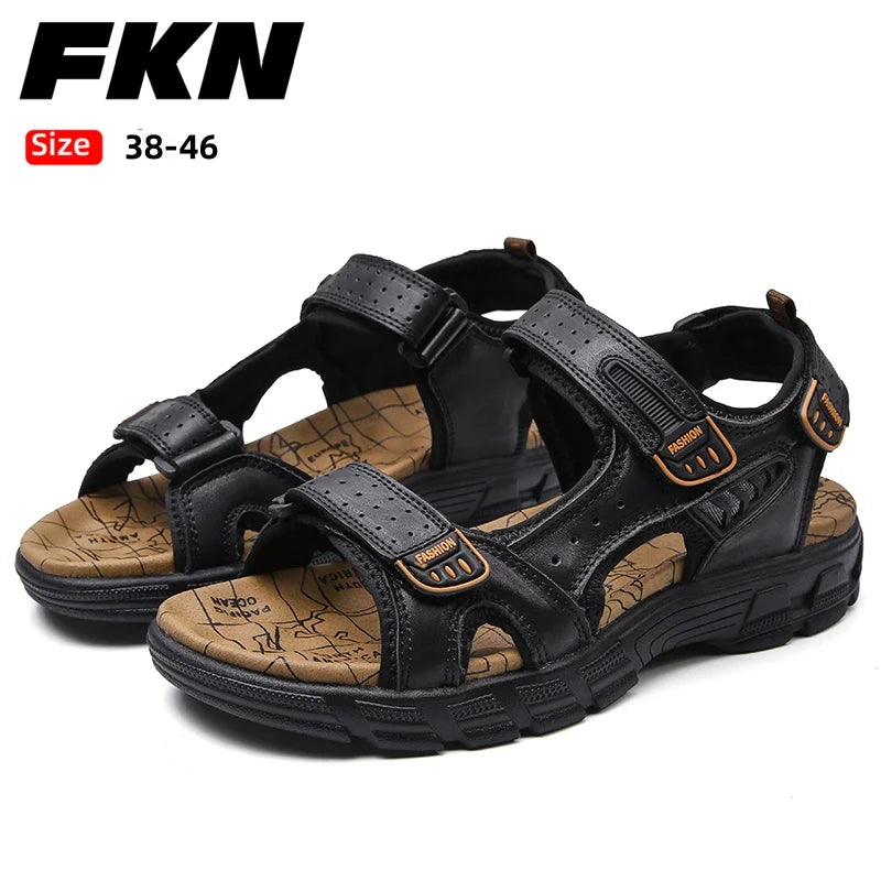 Men's shoes summer plus size shoes hollow soft bottom layer cowhide sandals casual sandals light outdoor beach shoes 38-46