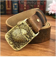 Brass Cowboy Belt Buckle Luxury Men Leather Belt Ceinture Homme Yellow Belts For Men Wide Male Strap Jeans Waist MBT0537