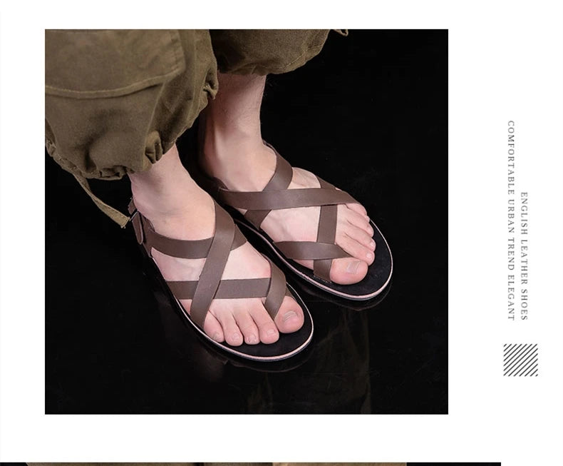 New Summer Sandals Men Open Toe Genuine Leather Sandals Hollow-out Retro Handmade Comfortable Breathable Outdoor Beach Shoes