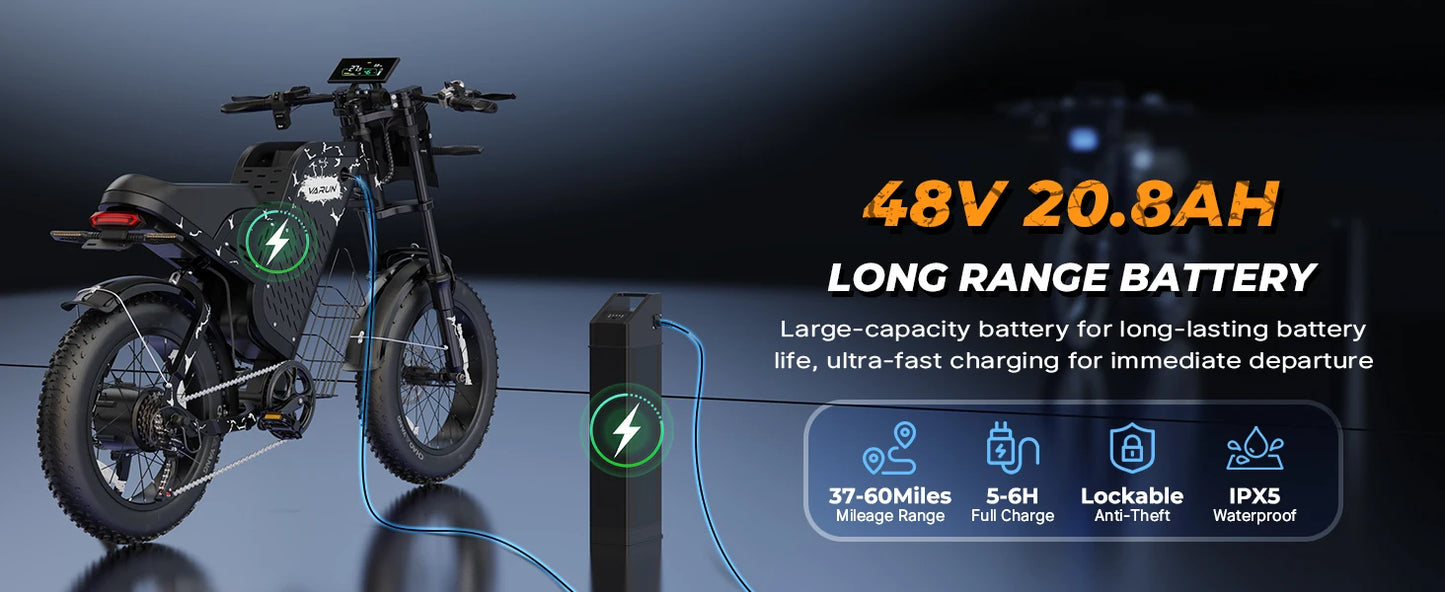 Varun X-Plorer Rapto Adult Dirt Electric Bike, 1000W Peak Power, 48V 20.8Ah, 20" Fat Tire, 28MPH, Ebike UL 2849, 1 Year Warranty