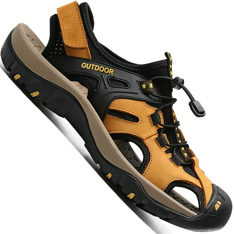 Men's High-quality Leather Sandals - Closed Fisherman Style, Summer Slippers and Hiking Shoes, with Elastic Straps