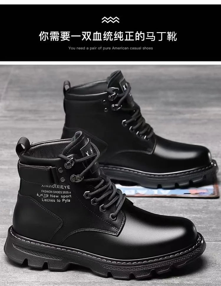 Winter Men's High Top Boots Trendy Black Motorcycle Boots Outdoor Warm Platform Boots Men Lace-up Leather Boots Bota Masculina