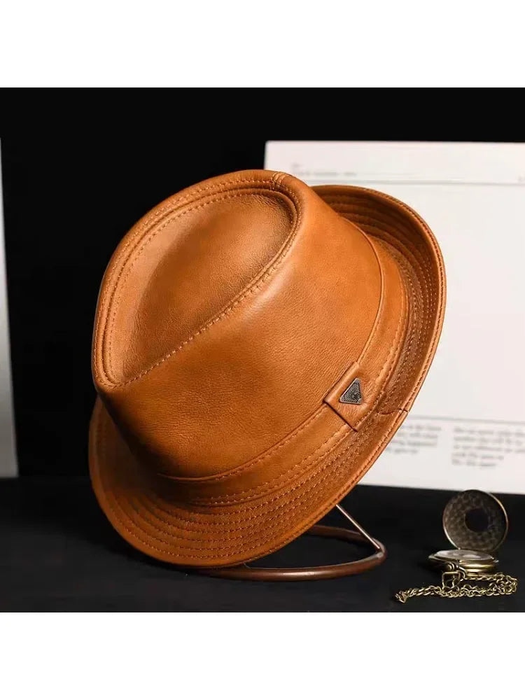 New Man High Quality Genuine Leather Cowhide Formal hat Gentleman Cow Skin Short Brim Black/Brown Top Hat Male Shows Gentleman