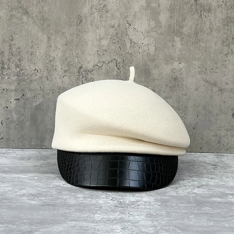 Fashion leather brim wool beret women's autumn/winter Korean style newsboy hat British knight hat duck cap Japanese system