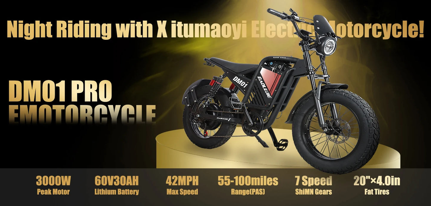 OEM DM01 Electric Motorcycles Peak 3000W Brushless Gearless Motors 60V 30AH Lithium Battery Max Speed 42MPH Adult Off Road Ebike