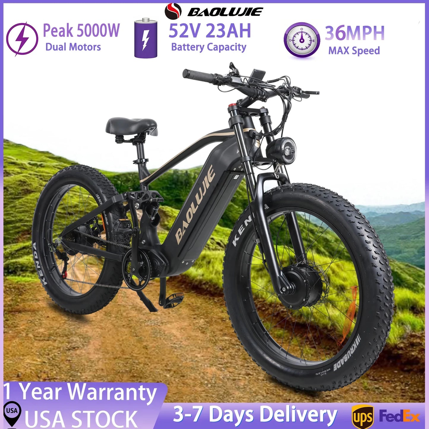 BAOLUJIE P2 Electric Bike for Adults，Long Rang 90 Miles Electric Bicycle，Peak 5000W Dual Motor 52V 23AH E bike，Max Speed 36 MPH