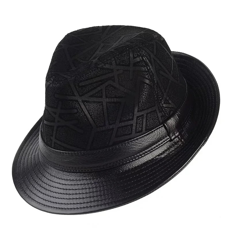 Winter Genuine Leather Suede Print Black GeometryTop Hats For Men/Women British Gentlemen Wide Brim Stetson Fedoras 55-60cm Fitt