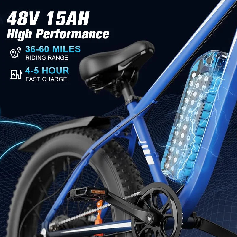 US Fast Shipping B;ue  E-Bike 1000W Motor 48V15AH Lithium Battery Off road TireE-bike for Men