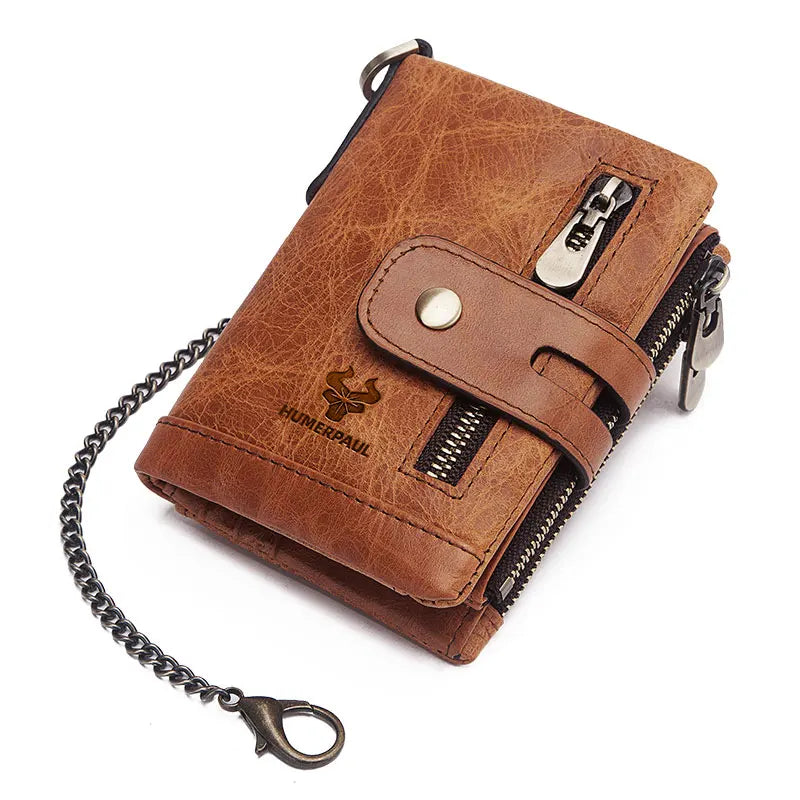 LAREET Fashion Genuine Leather Wallet With Cowhide For Men Money Card Holder Purse RFID Short Double Zipper Coin Pocket Bifold