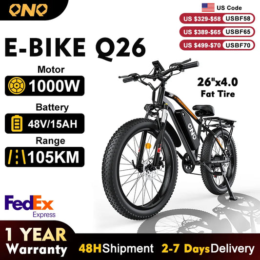QNQ Electric Bike for Adults 1000W Electric Bicycle 48V 15AH E Bike 26" Fat Tire Mountain 31mph Dual Shock Absorber Ebike