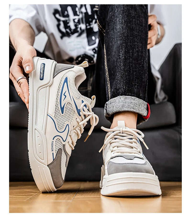 Men's Sneakers for Spring and Summer Are Breathable Fashionable Low-top Round-toe Lace-up and Color-blocked Sports Shoes