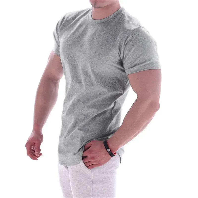 NEW Men Summer T Shirts High Elastic Slim Fit T shirt Men Quick-drying Curved Hem Mens T-Shirts Fitness casual Solid Color tops
