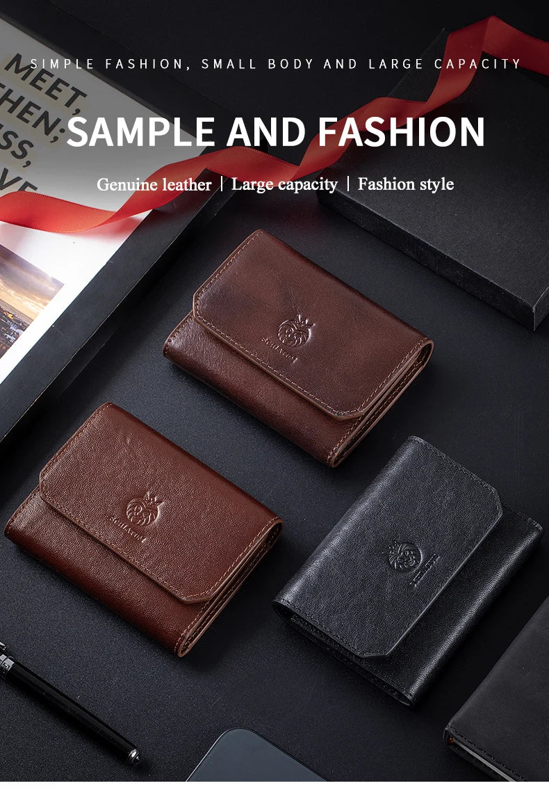 Genuine Leather Wallet for Men Minimalist Tri-Fold Purse with RFID Protection  Zipper Coin Pocket  Credit Card Slots