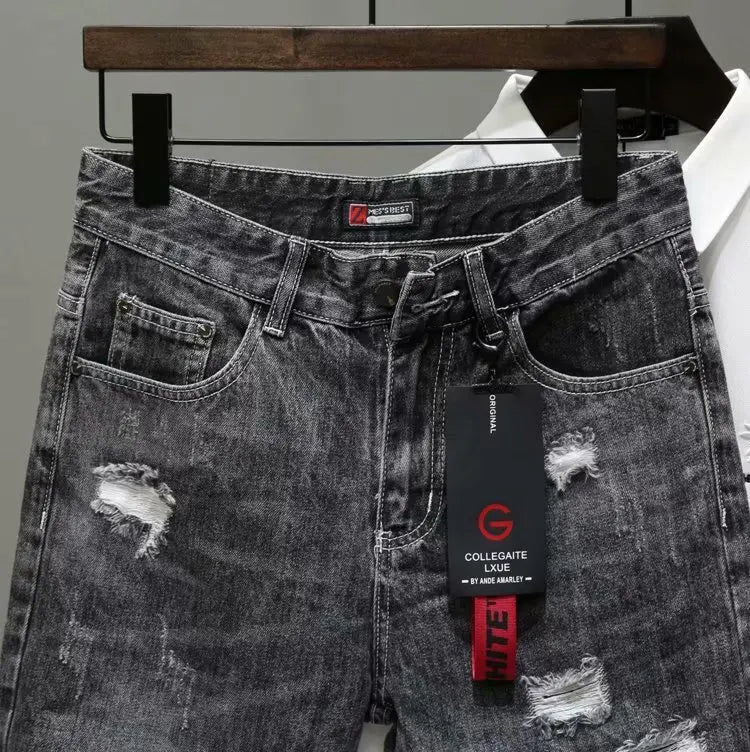 Men's Summer Fashion Hole Ripped Jeans Shorts Capris Casual Gray Beggar Denim Shorts