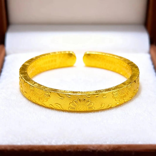 Sunflower Open Bangle Women's 24K Gold AU999 - 3D bloom shape, adjustable opening, high-purity gold shows sun-facing style