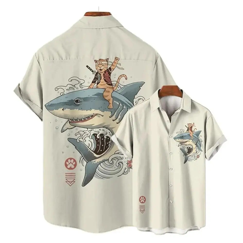Fashion Men's Clothing Cool Samurai Cat Tops Summer New Men's Clothing Casual Short-Sleeved Anime Loose Blouse Hawaii Beaches