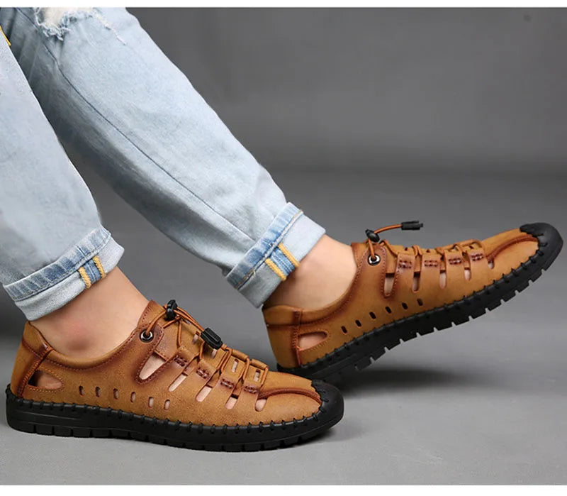 New 2025 Summer Shoes Men Sandals Genuine Leather Flat Non-slip Holiday Fashion Male Footwear Black Yellow D326