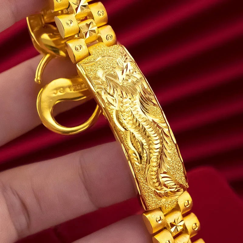 Imitation 24K Real Gold Chinese Dragon Pattern Bracelet Men's Carven Design Big Bracelet Gold Version Domineering Watch Chain