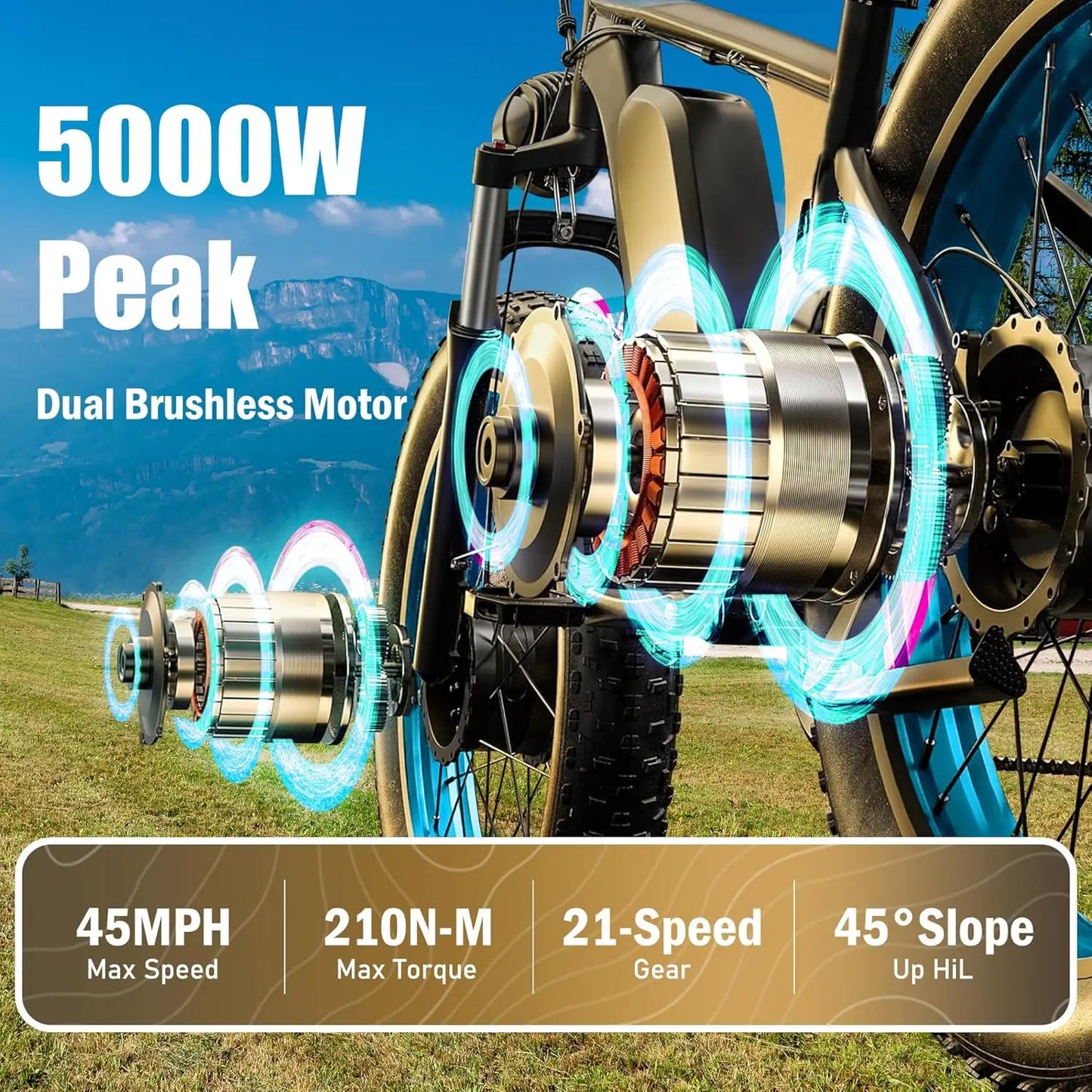 TS60 5000W Dual Motor E-Bike, 60V 25AH Battery Electric Bike for Adults, 45MPH Mountain AWD 21-Speed with 26" x 4.0 Fat Tire