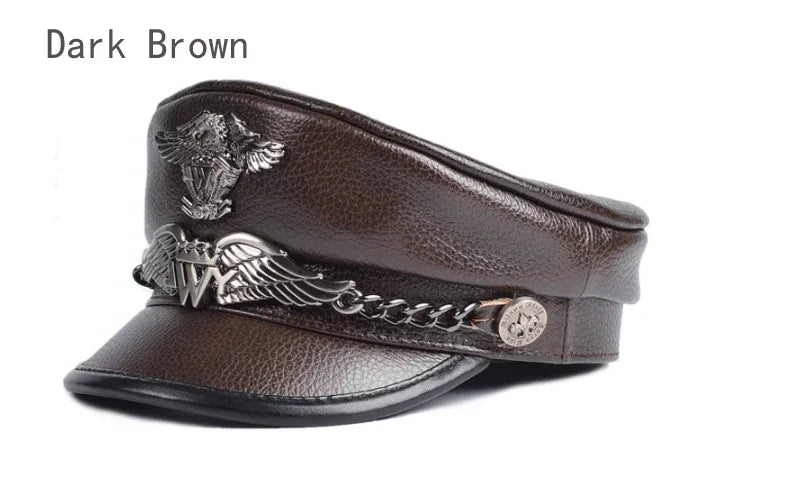 Unisex German Military Cap Man Genuine Leather Flat Top Hat Korean Fashion Eagle Mark Chain Punk Locomotive Casquette Male