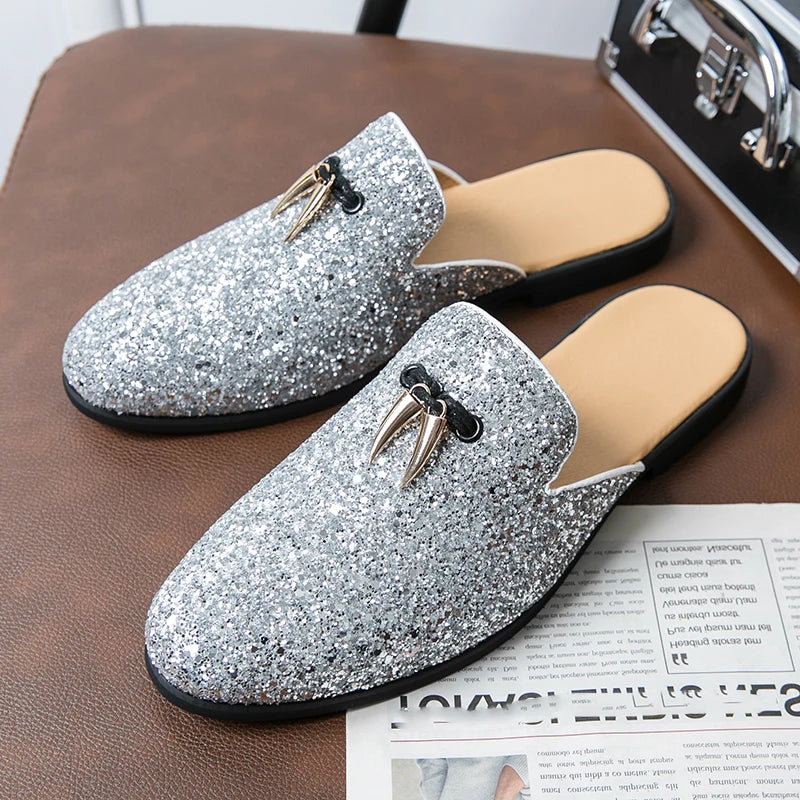 2024 New Luxury Designer Men's Casual Bling Leather Loafers Italian for Men Half Shoes Mules Male Black Slides Business Slippers