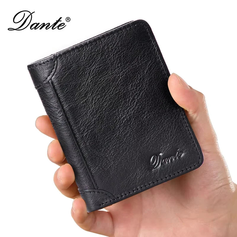 Dante Men's Leather Wallet RFID Anti-theft Brush Head Layer Cowhide Retro Casual Vertical Multi-Function Money Bag Money Clips