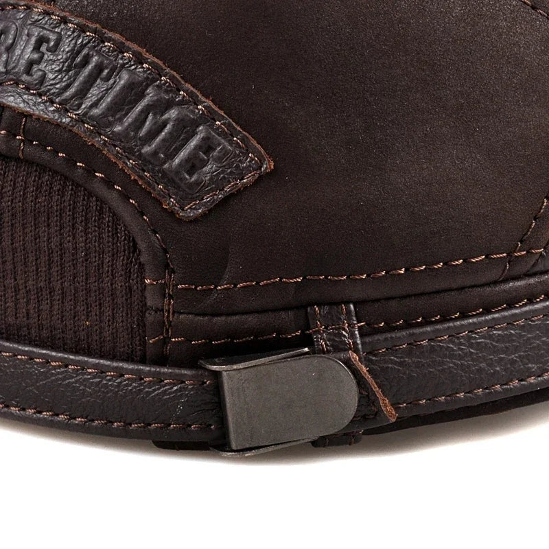 New 2024 Winter Men Genuine Leather Baseball Cap Earmuffs Flat Hat Male Keep Warm Leisure 57-60 cm Adjustable Gorro Cow Skin Cap