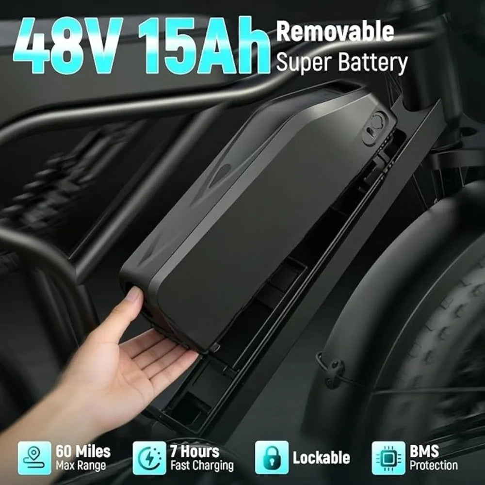 Electric Bike for Adults, 1500W Peak Motor Ebike, 20" x 4.0" Fat Tire E Bike, 48V 15Ah Removable Battery,Customized
