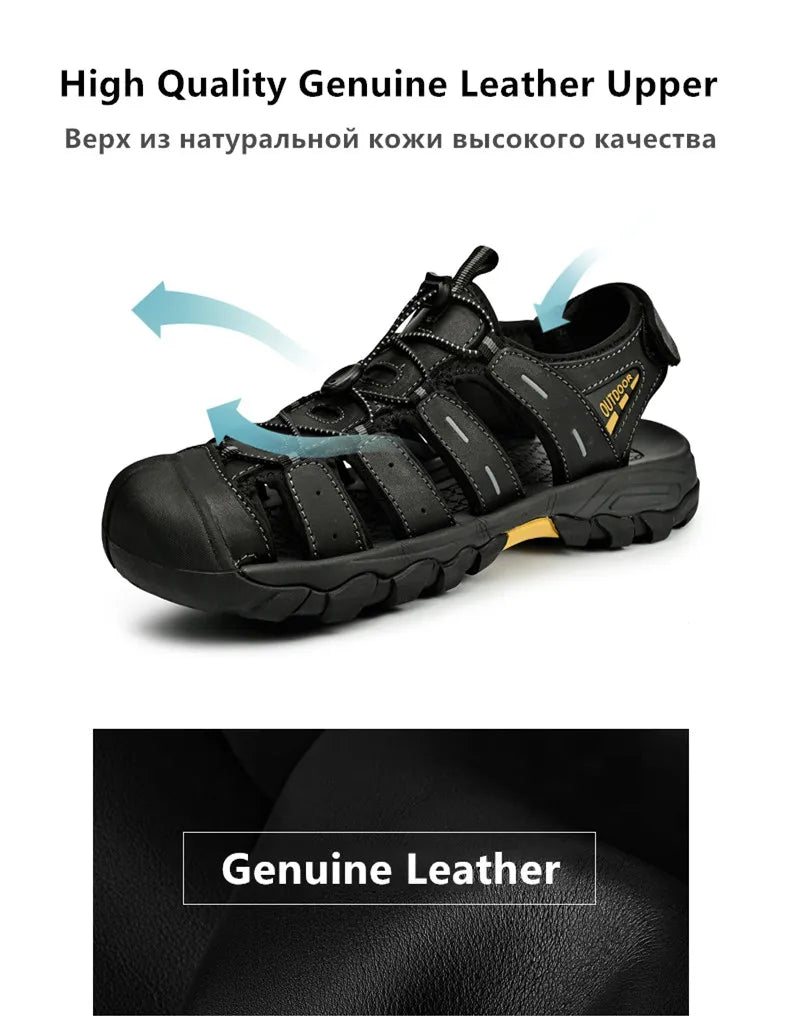 Summer Genuine Leather Men's Sandals Classic Breathable Slip-On Sandals Men Outdoor Casual Beach Sandals Sneakers Plus Size 46