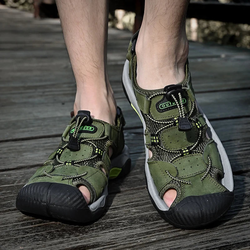 2024 Men Genuine Leather Shoes Men's Sandals Durable Handmade Stitching Close Toe Non Slip Footwear for Indoor Outdoor Beach