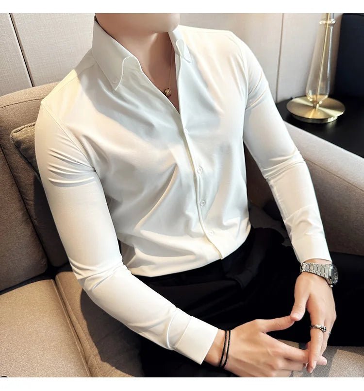 Men Dress Shirt 2025 Autumn British Style Solid Casual Slim Fit Formal Camisas V-neck Long Sleeves Shirt Streetwear Men Clothing