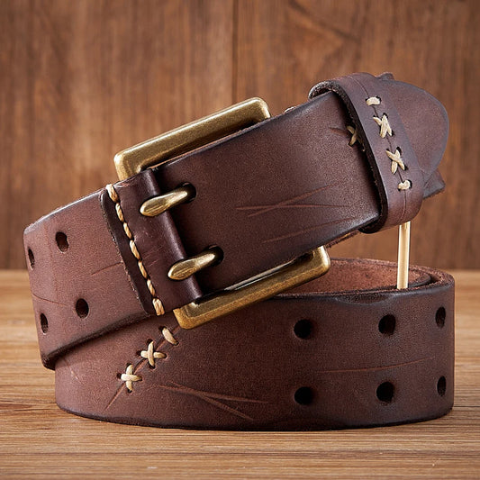3.8CM Original Genuine Leather Army Tactical Belt Double-needle Buckle Men's Belt Washed Water Made Old Macho Jeans Belt